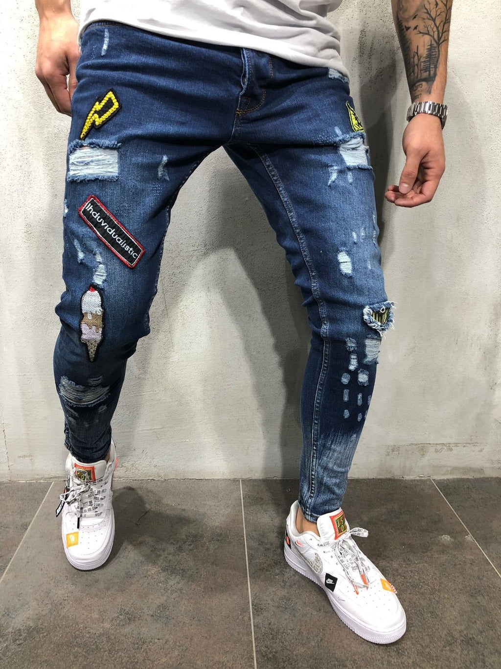 Blue Ripped Logo Pants