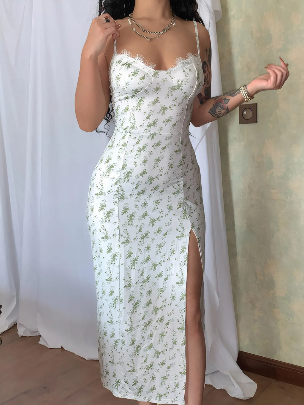 Split Printed Neck Cami Dress