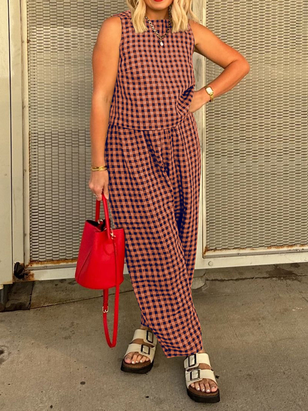 Women's 2 pc. Lovely Plaid Round Sleeveless Jumpsuit
