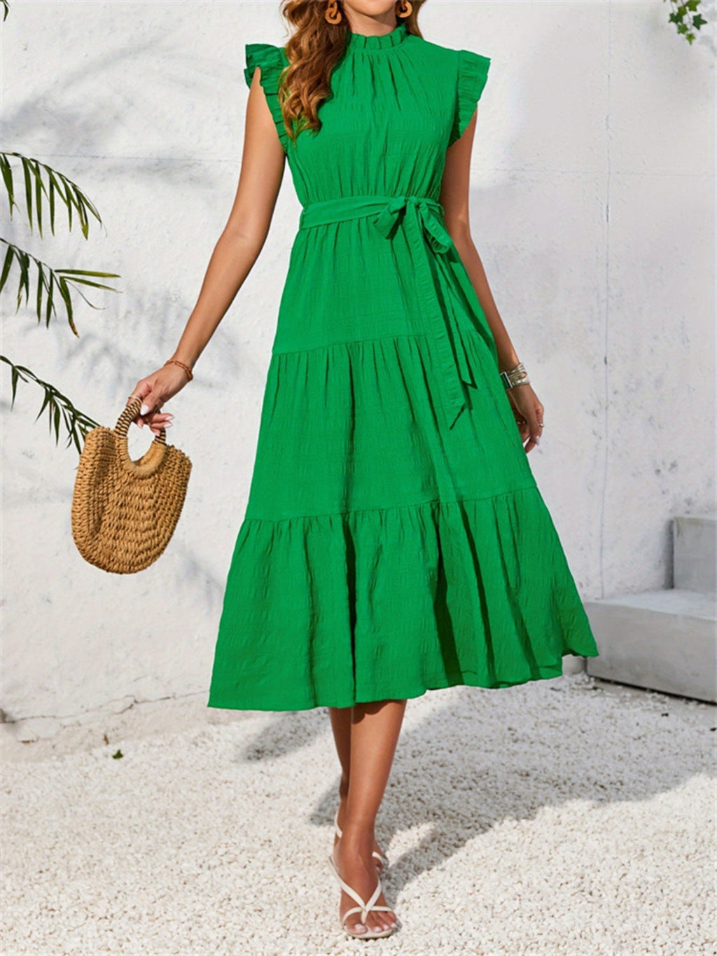 Women's Mock Ruffled Sleeve Midi Dress