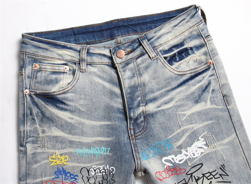 Punk Trendy Retro Blue Ripped Slim-fit Men's Pants