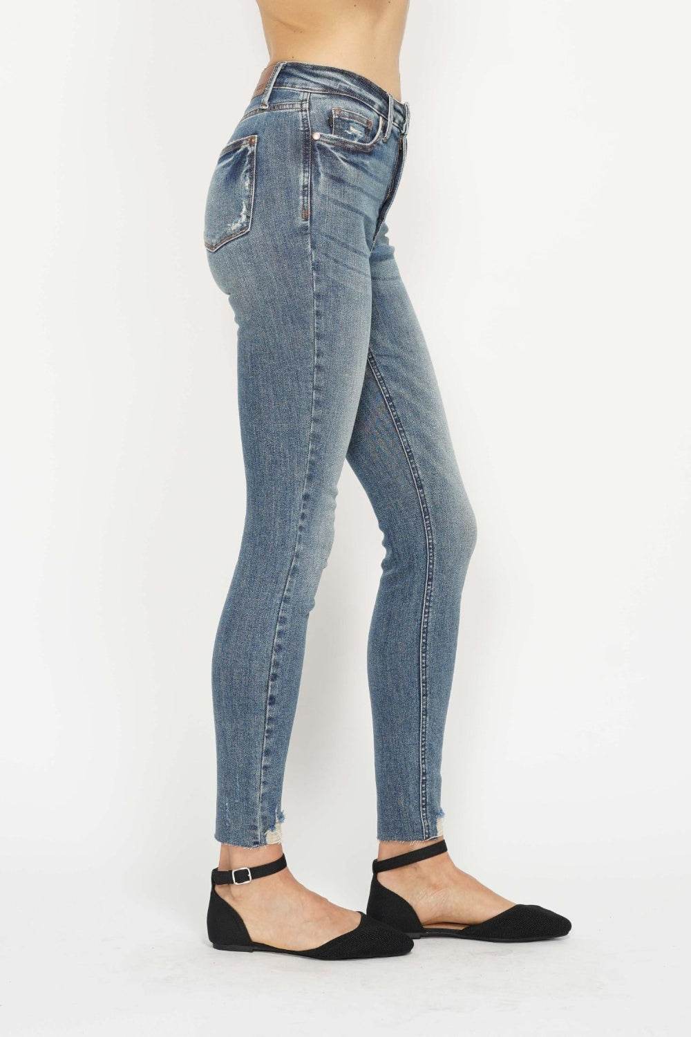 Judy Blue Full Size Tummy Control Vintage Wash Hem Destroy Skinny Women Jeans