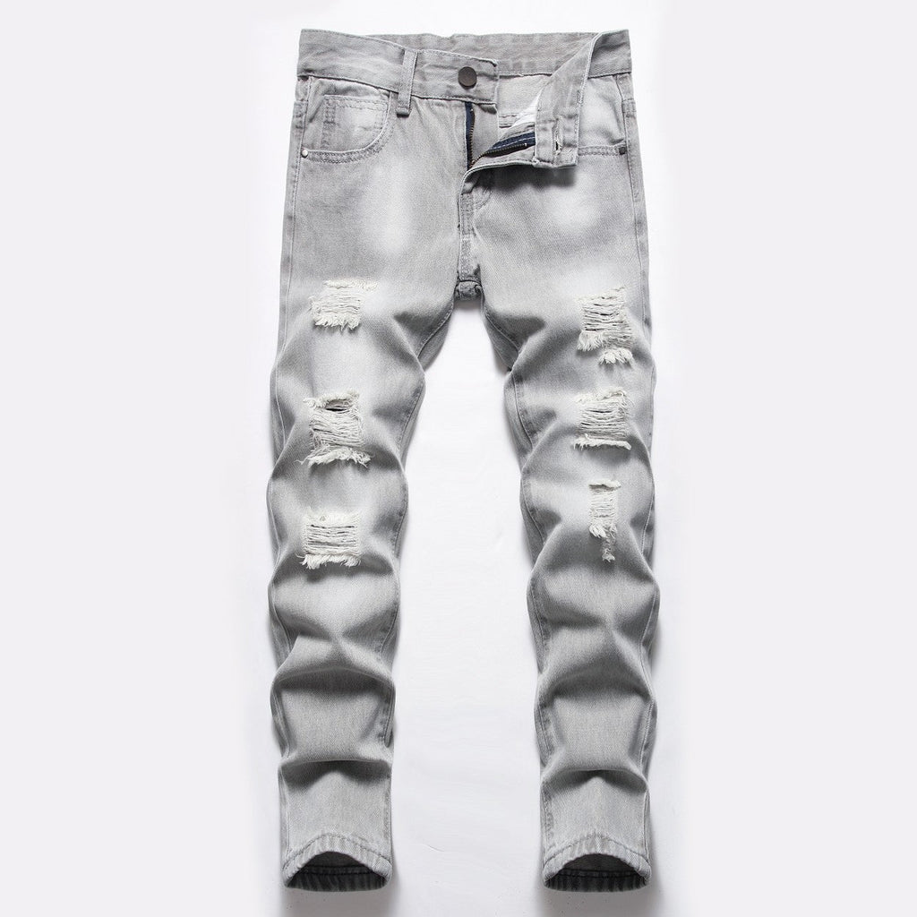 Men's Light Gray Ripped Straight Pants Denim