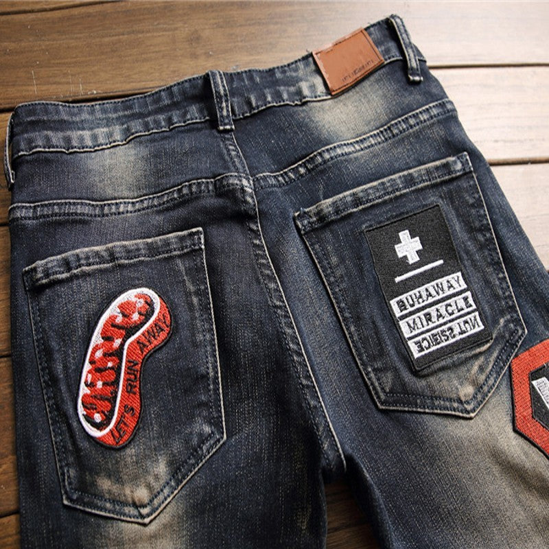 Men's Ripped Badge Streetwear Fashion Designer Pants