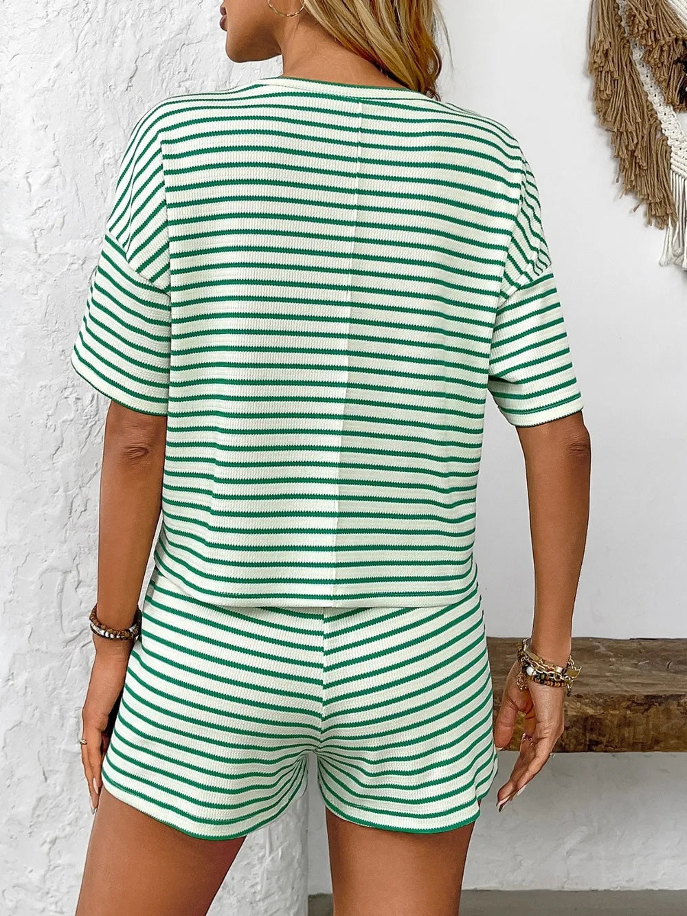Women's Striped Round Neck Top and Bottoms Set