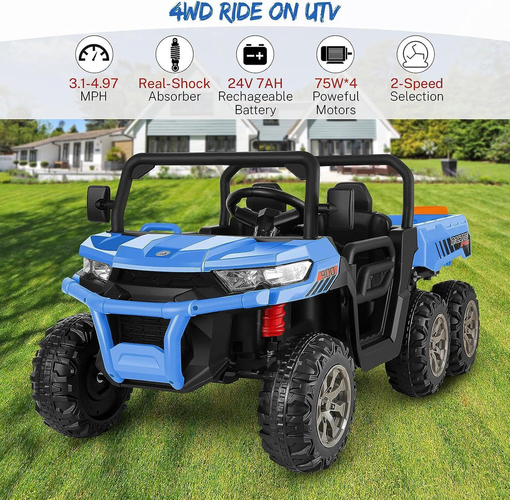 2-Seater 300W 4WD 6x6 Ride On UTV Truck with Dump Bed and LED Lights + Remote Control for Kids (24V)