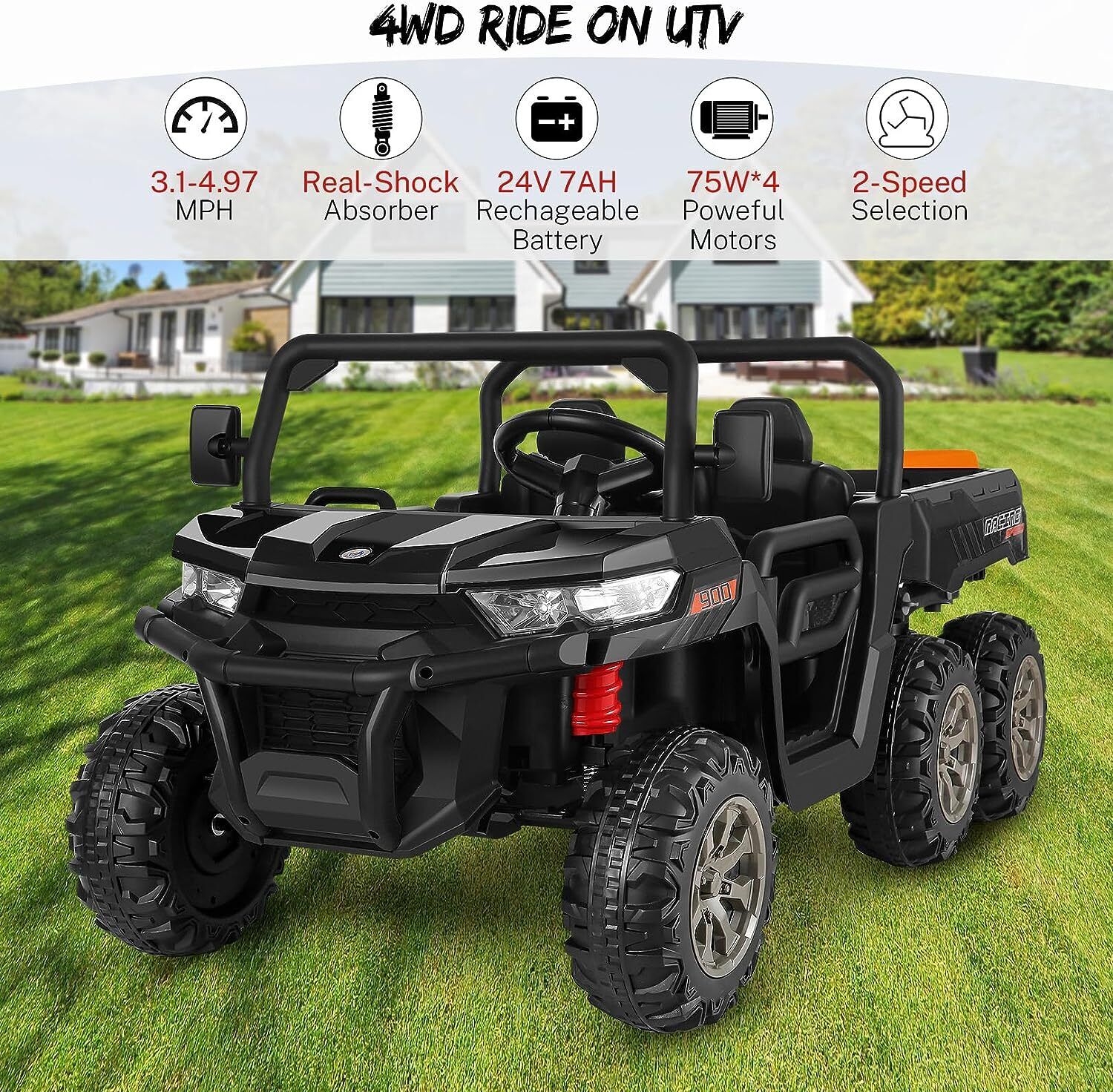 2-Seater 300W 4WD 6x6 Ride On UTV Truck with Dump Bed and LED Lights + Remote Control for Kids (24V)