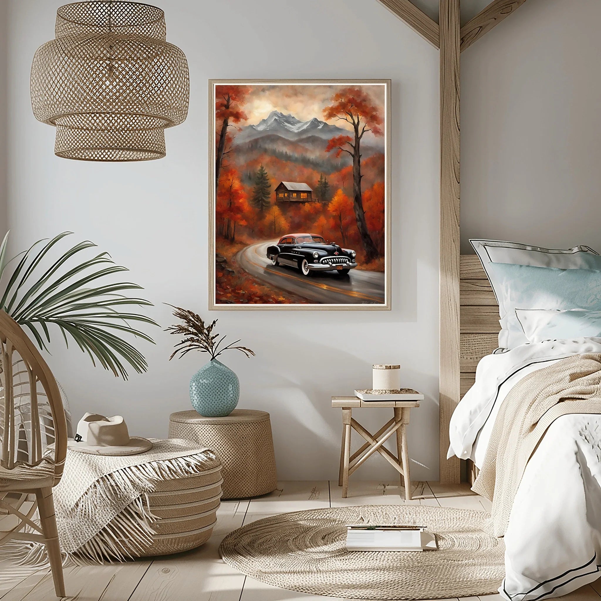 1950 American Riviera Mountain Road Trip Wall Art | Classic Car Autumn Landscape