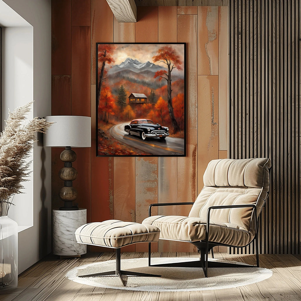 1950 American Riviera Mountain Road Trip Wall Art | Classic Car Autumn Landscape