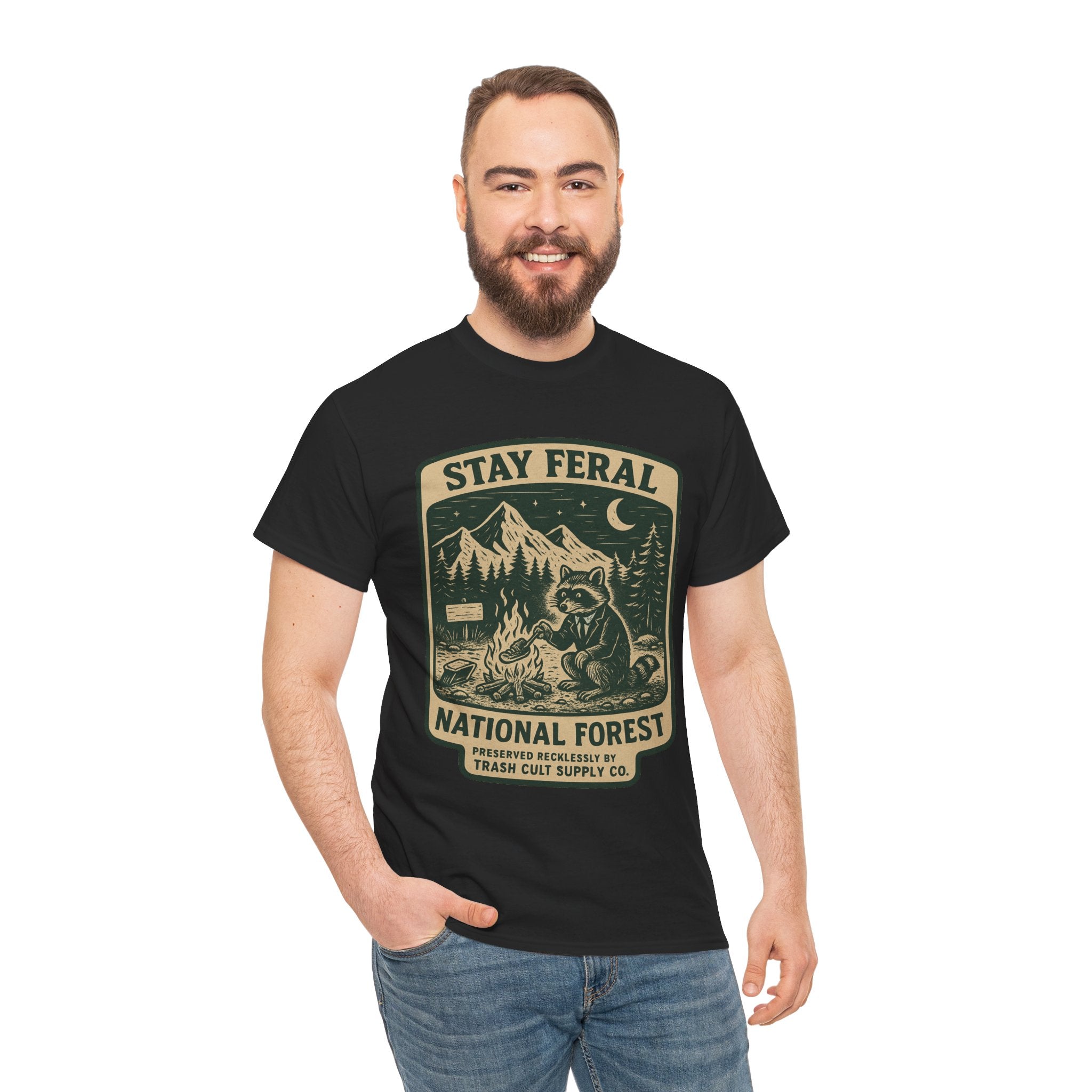 Stay Feral National Forest Shirt – Vintage Raccoon Camping Tee – Trash Cult Supply Co – Gildan 5000