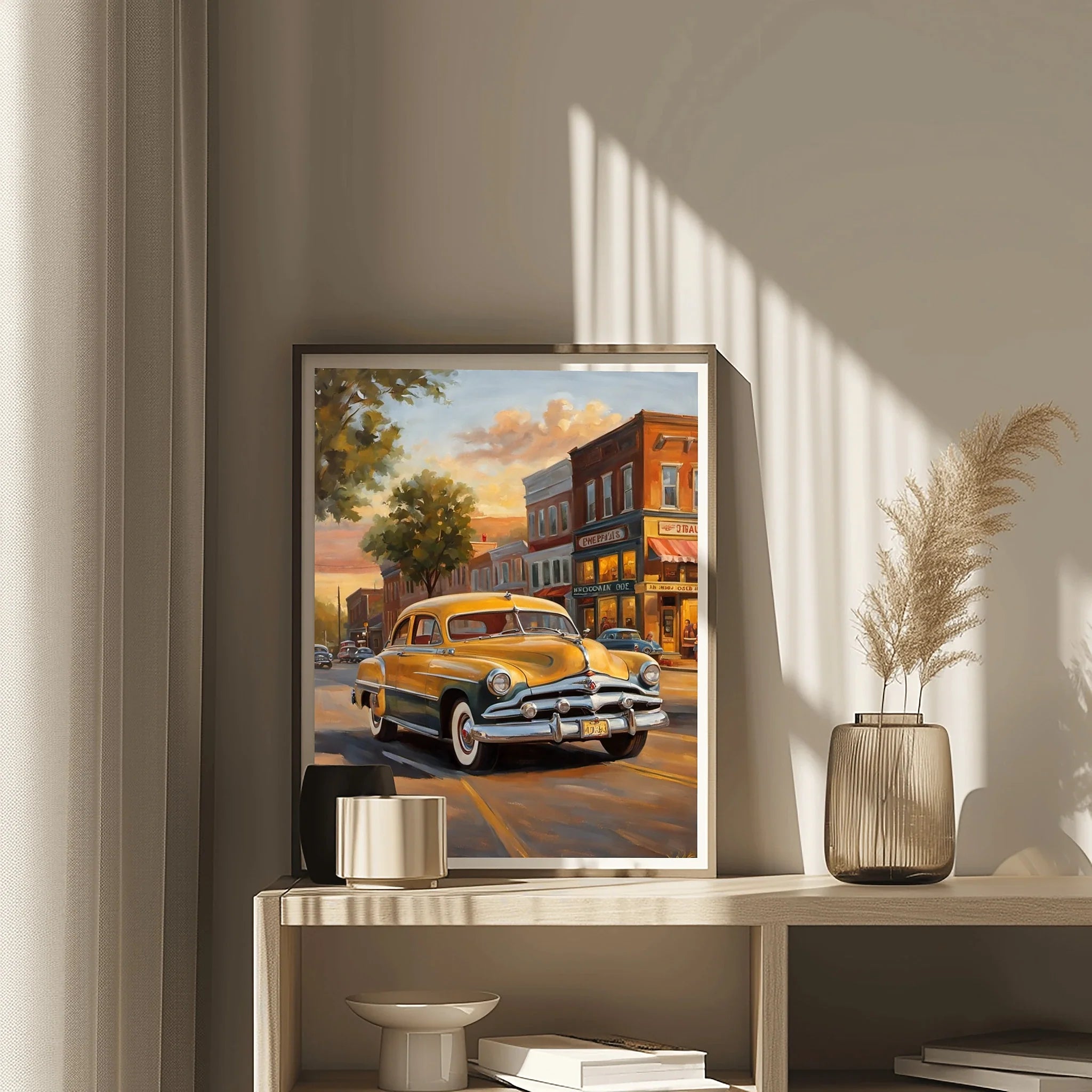 1951 Step-Down Racing Legend Golden Hour Town Wall Art | Vintage Urban Racing Print