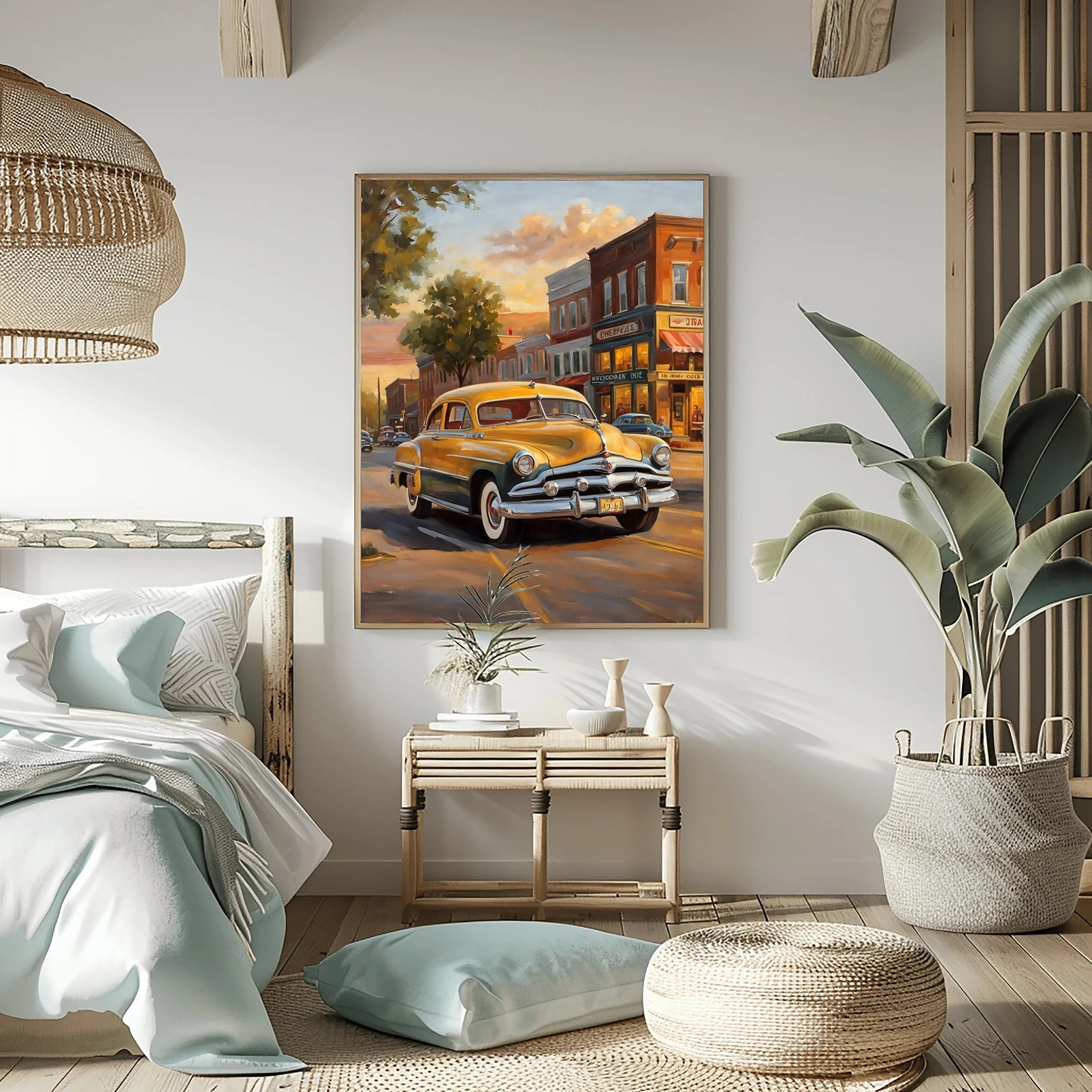 1951 Step-Down Racing Legend Golden Hour Town Wall Art | Vintage Urban Racing Print