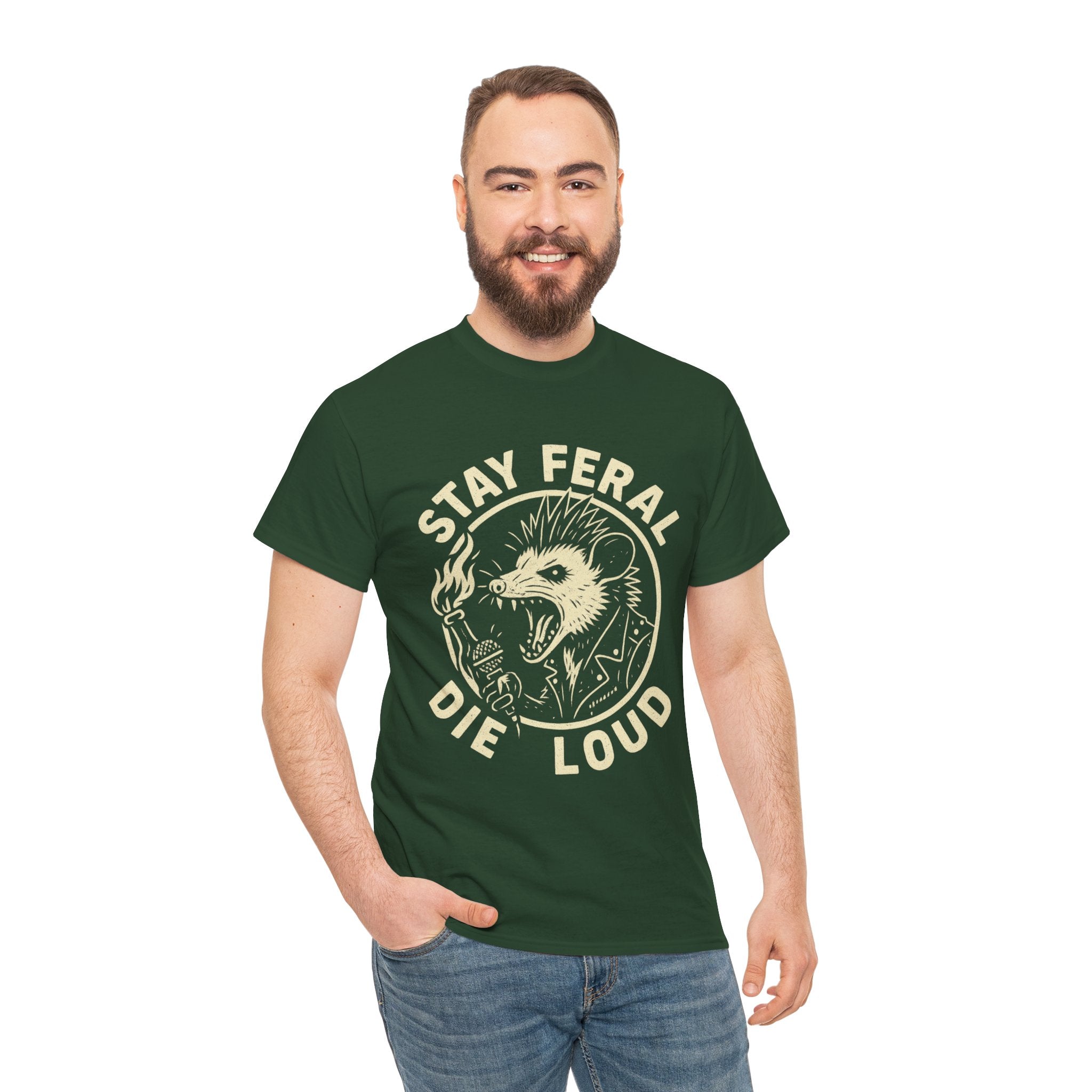 Stay Feral Die Loud Possum Punk Shirt – Trash Cult Supply Co – Gildan 5000 T-Shirt