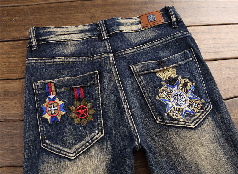Fashion Retro Embroidery Ripped Pants