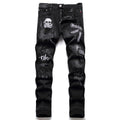 Men's Black Slim-fit Skull Ripped High Street Casual Pants