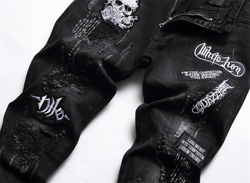 Men's Black Slim-fit Skull Ripped High Street Casual Pants