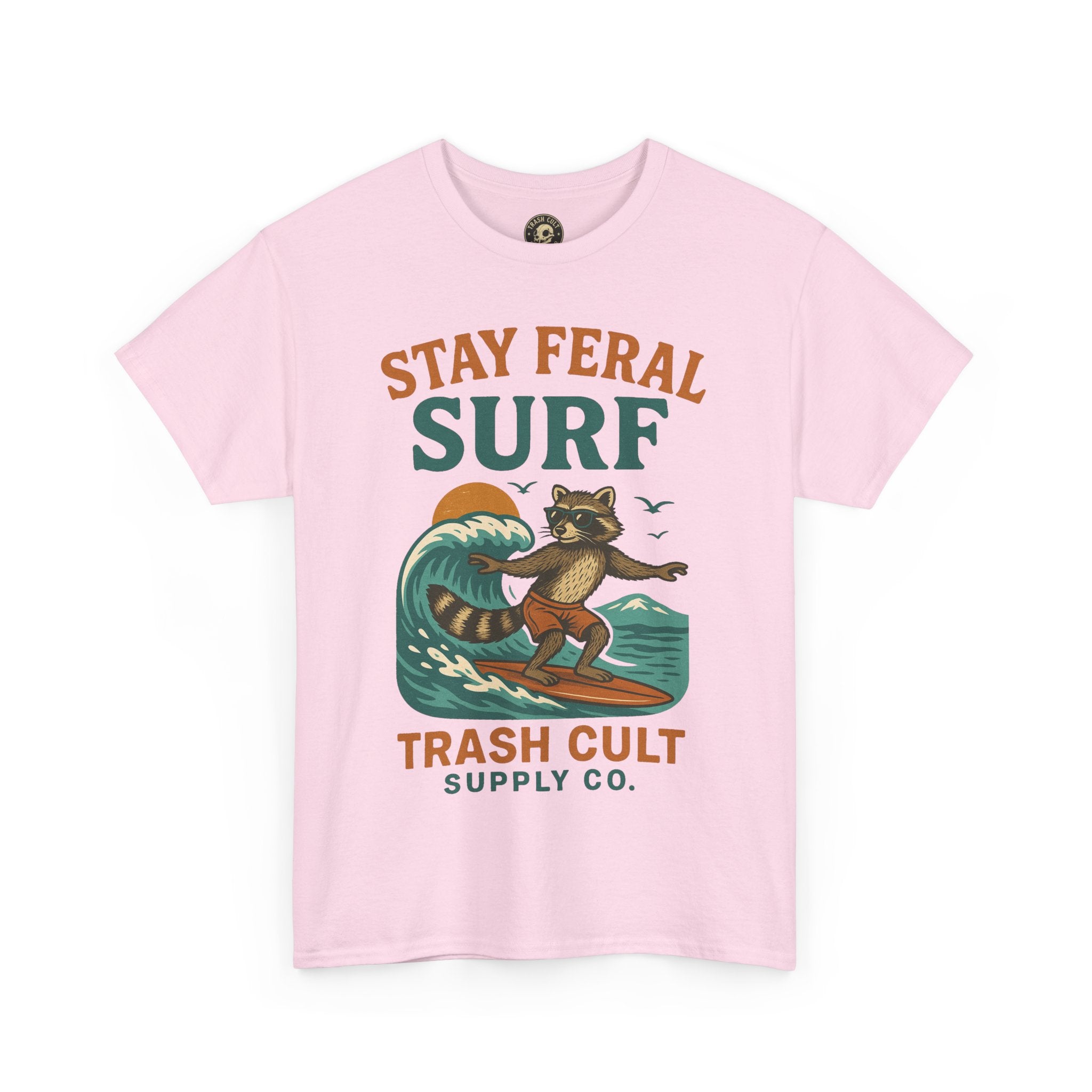 Stay Feral Surf Shirt – Retro Raccoon Beach Tee – Trash Cult Supply Co – Gildan 5000