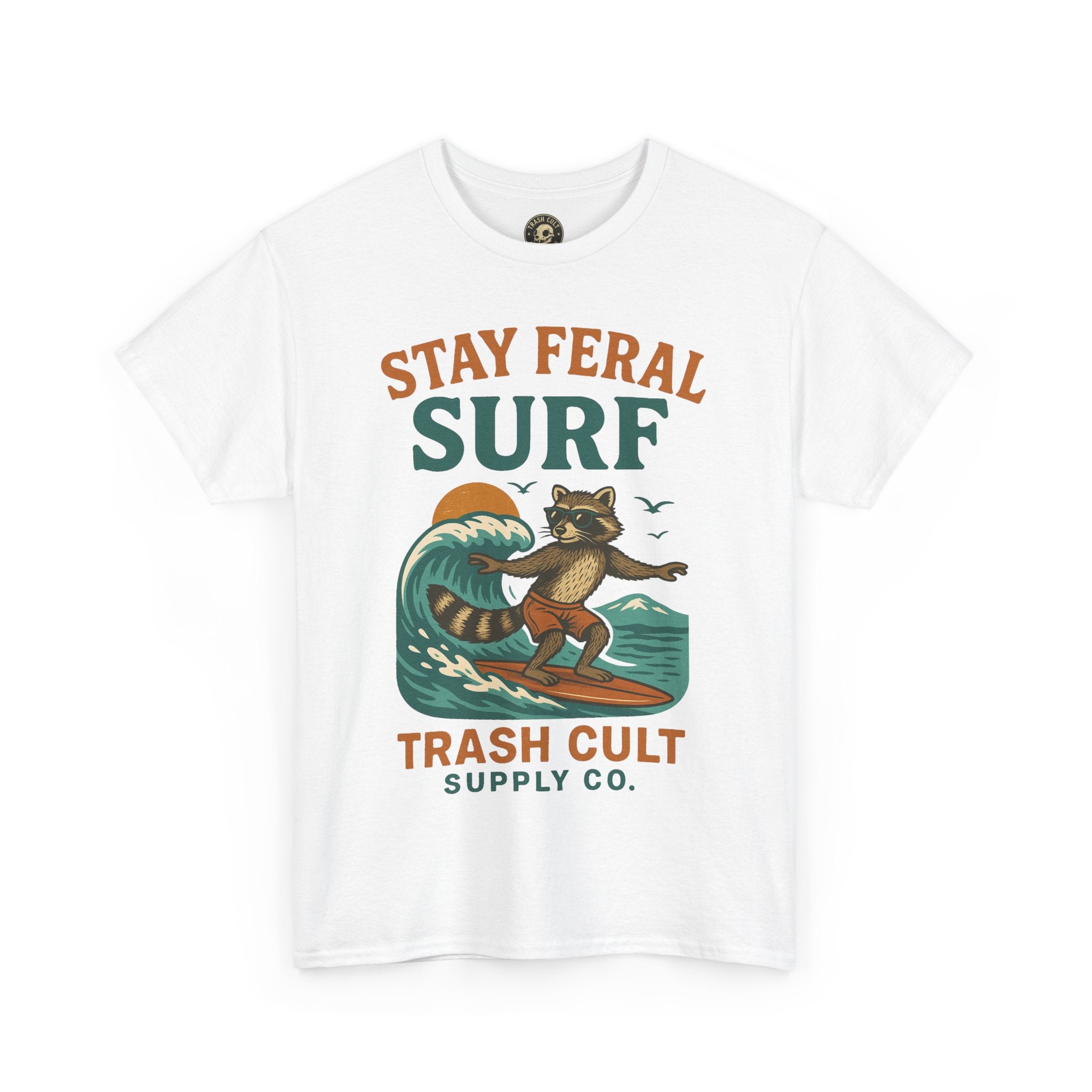 Stay Feral Surf Shirt – Retro Raccoon Beach Tee – Trash Cult Supply Co – Gildan 5000