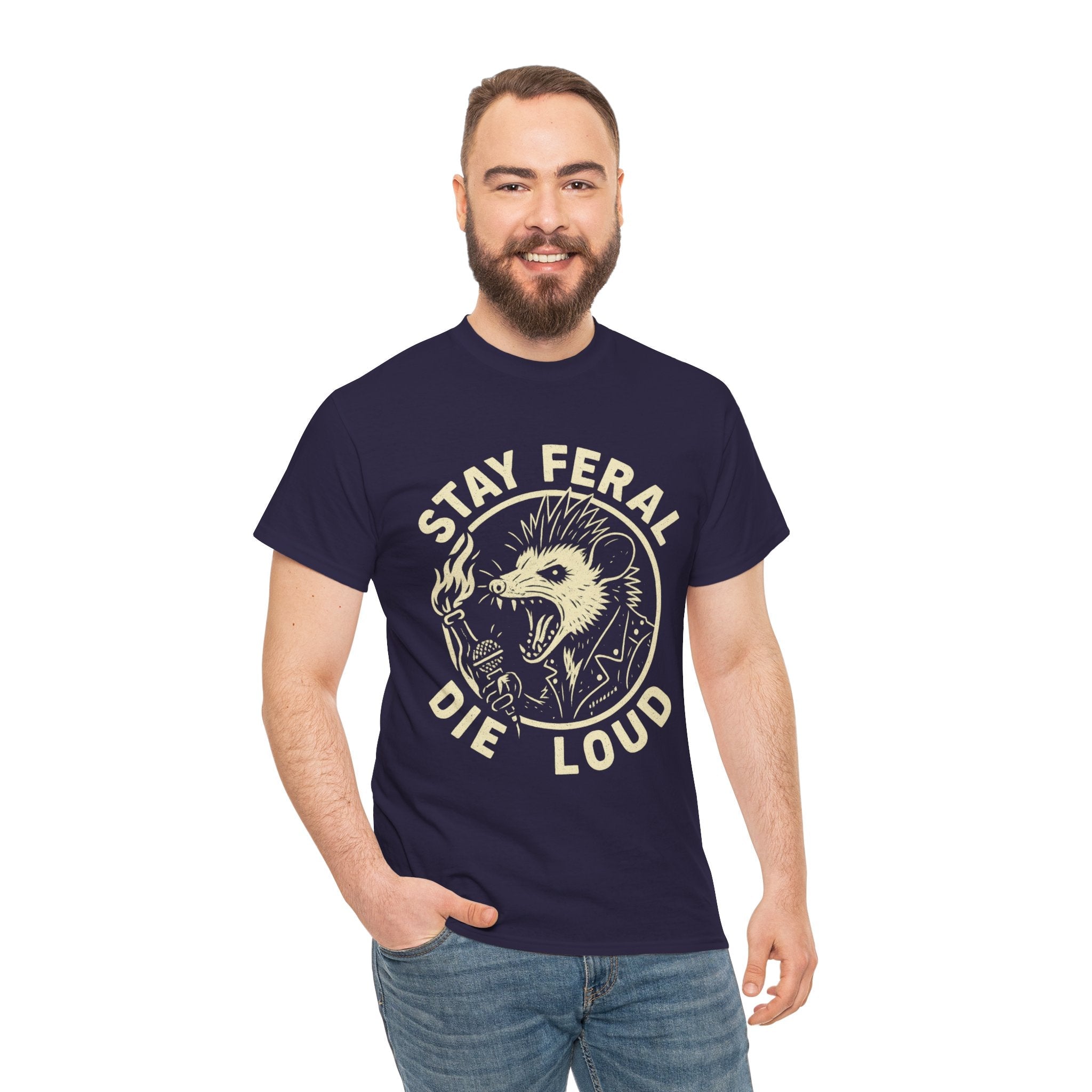 Stay Feral Die Loud Possum Punk Shirt – Trash Cult Supply Co – Gildan 5000 T-Shirt