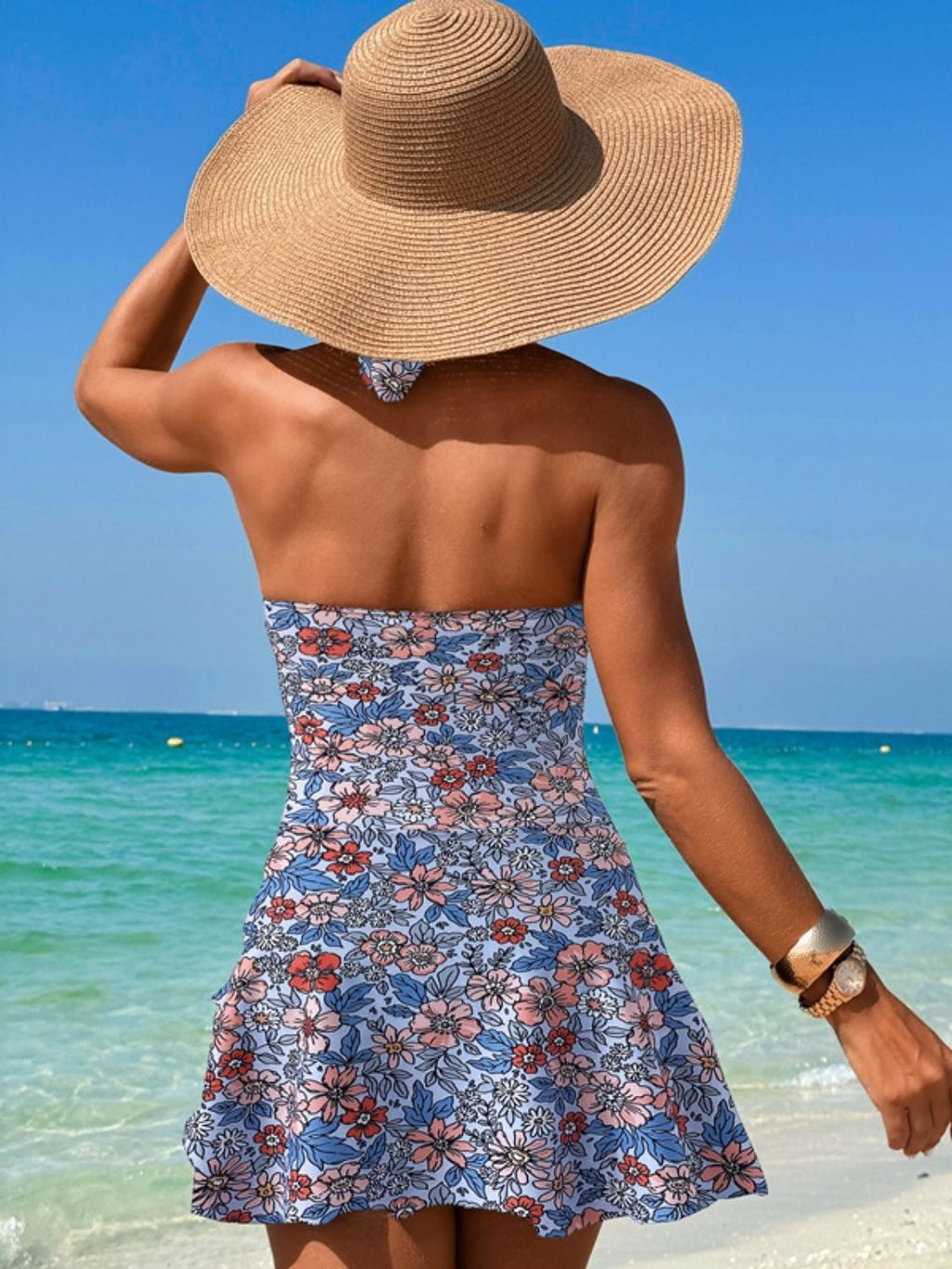 Cutout Printed Halter Neck One-Piece Swimwear