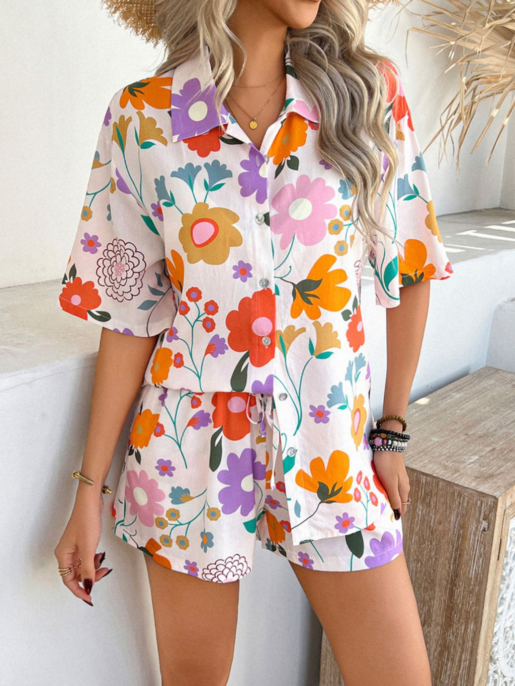 Women's Devine Printed Button-Down Romper Set Bottoms