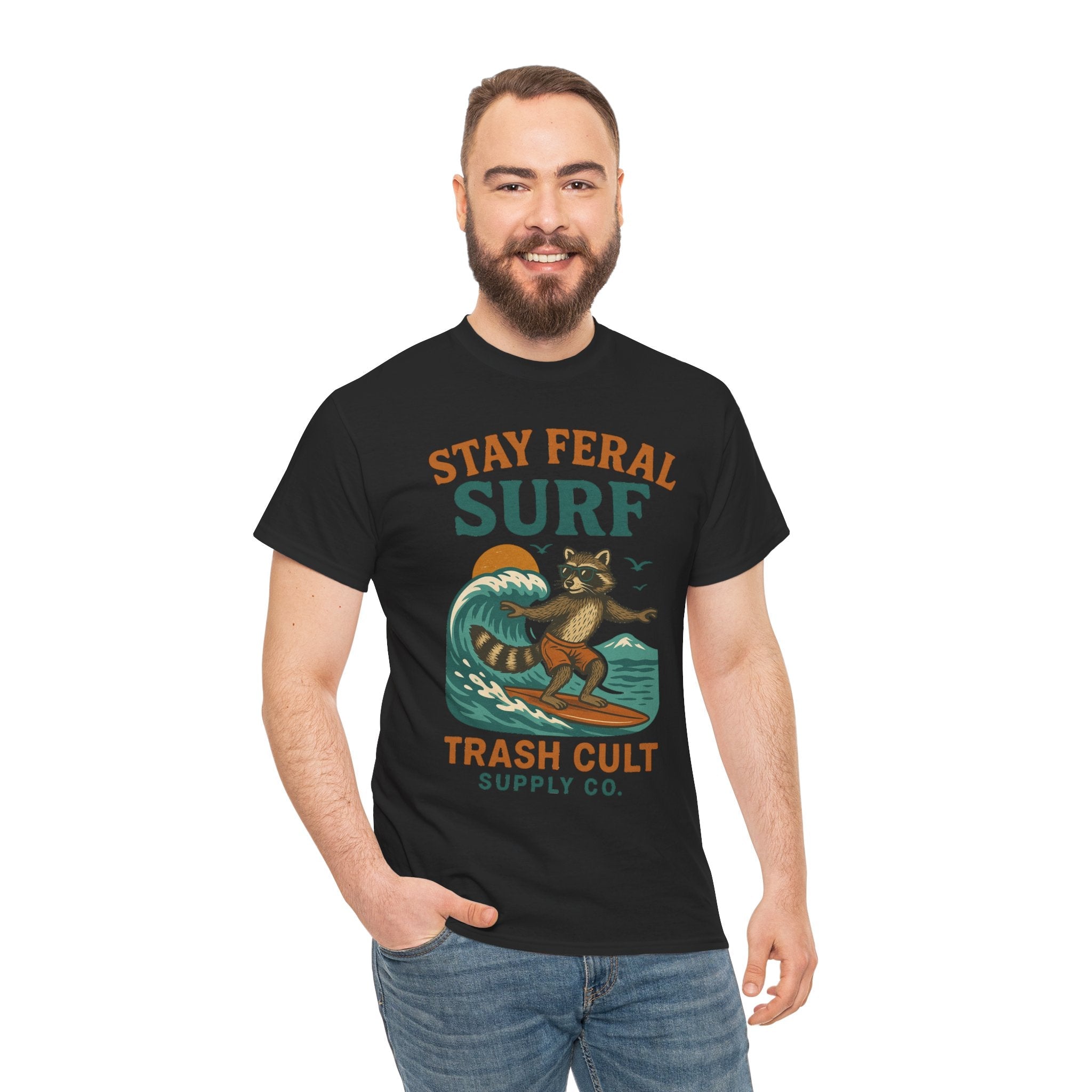 Stay Feral Surf Shirt – Retro Raccoon Beach Tee – Trash Cult Supply Co – Gildan 5000
