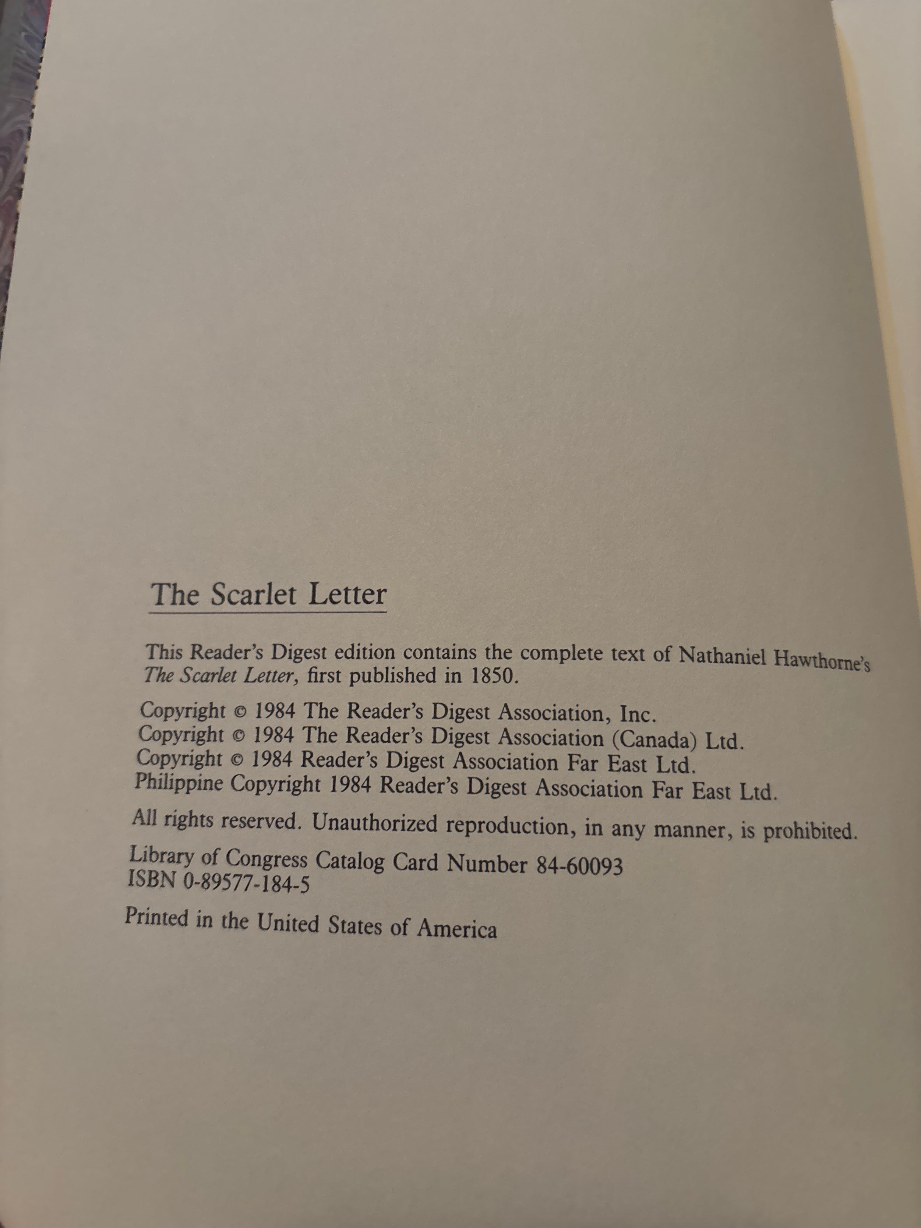 The Scarlet Letter by Nathaniel Hawthorne (Reader's Digest Edition)