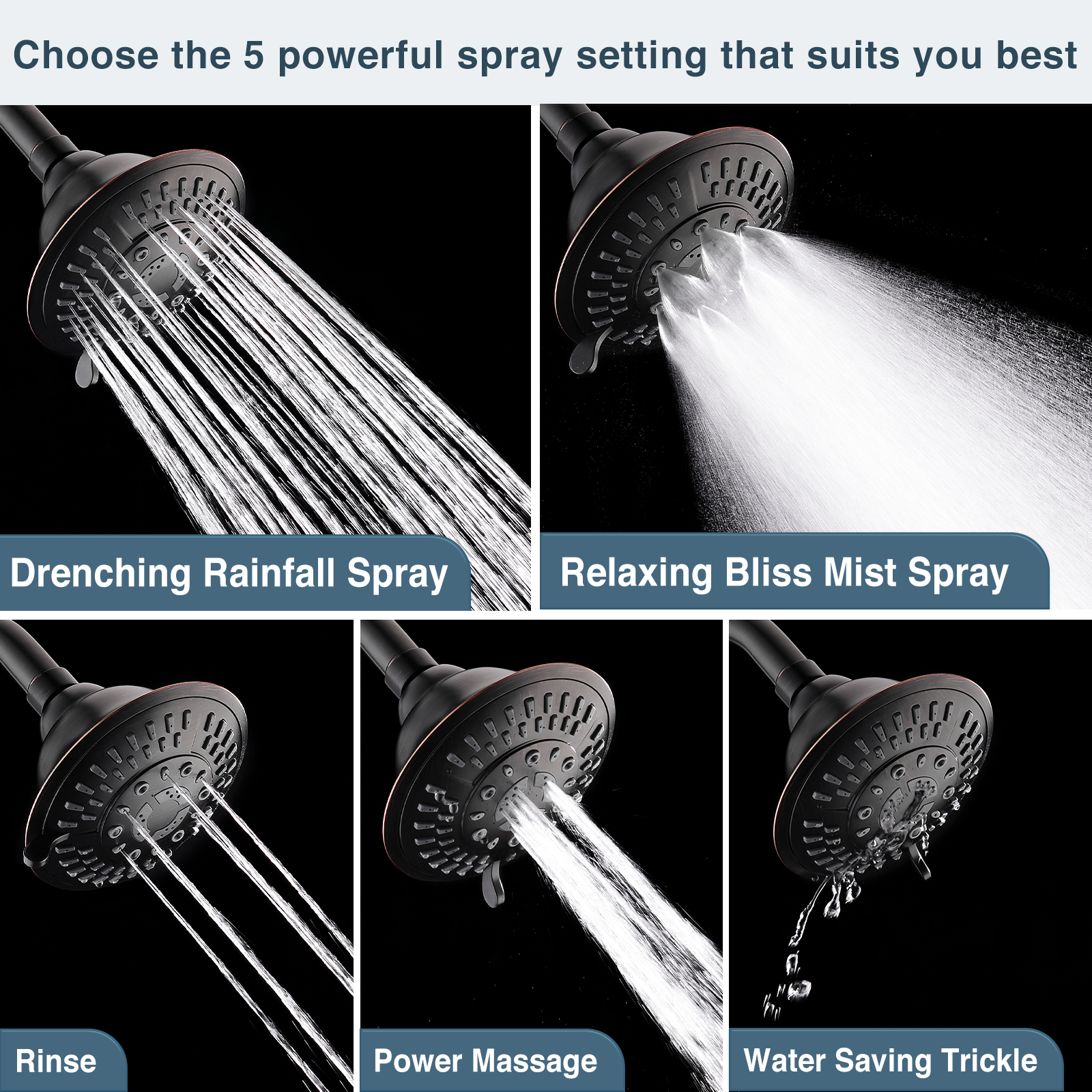 5-Spray Fixed Shower Head with Adjustable Angle