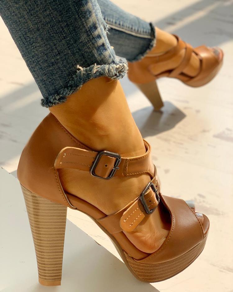 Women's Fashion All-match Fish Mouth Chunky High Heels