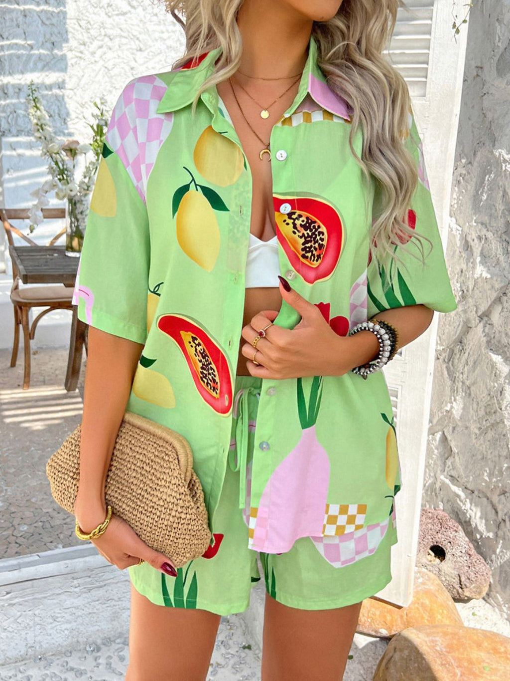 Women's Devine Printed Button-Down Romper Set Bottoms