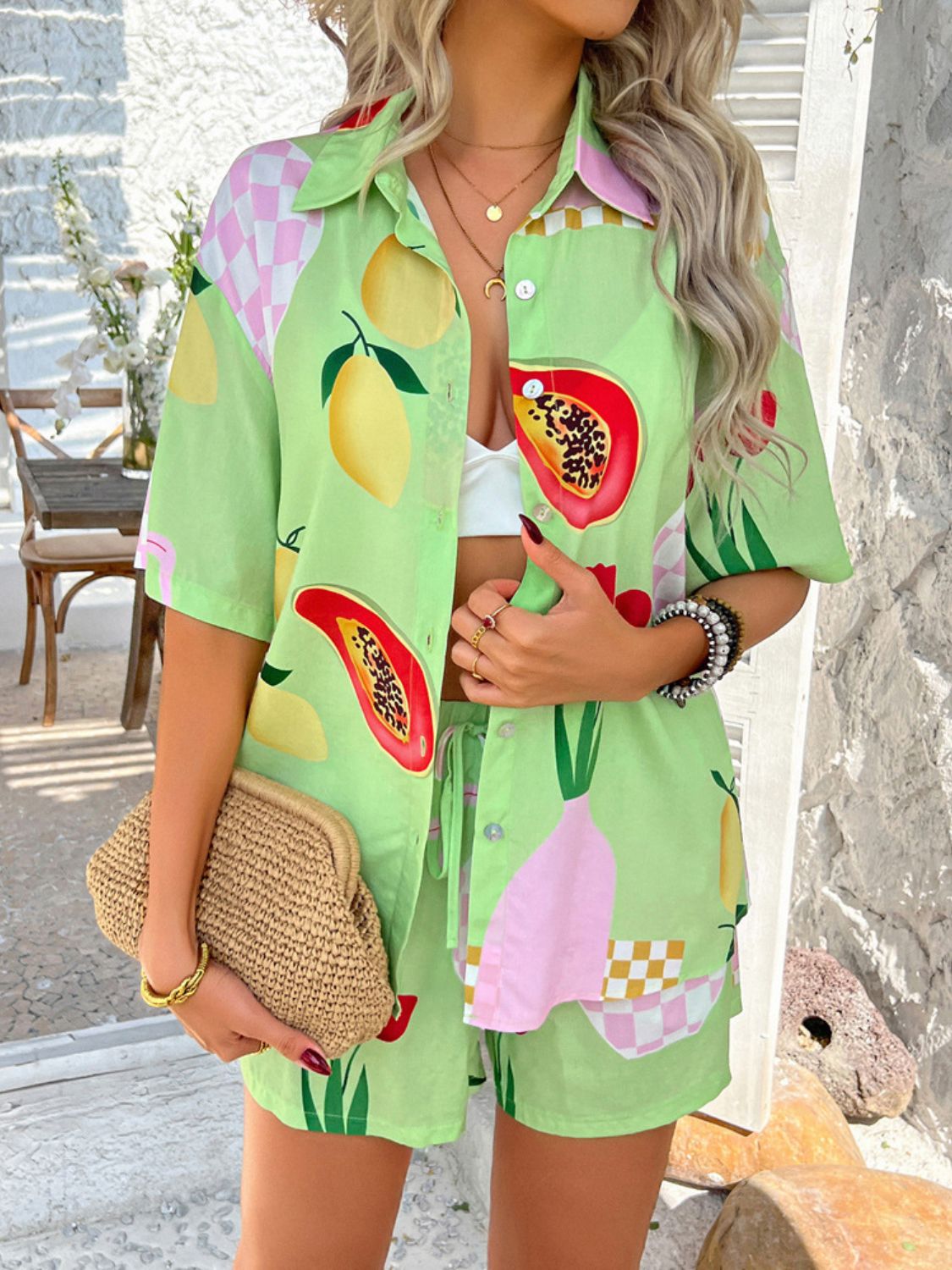 Women's Devine Printed Button-Down Romper Set Bottoms