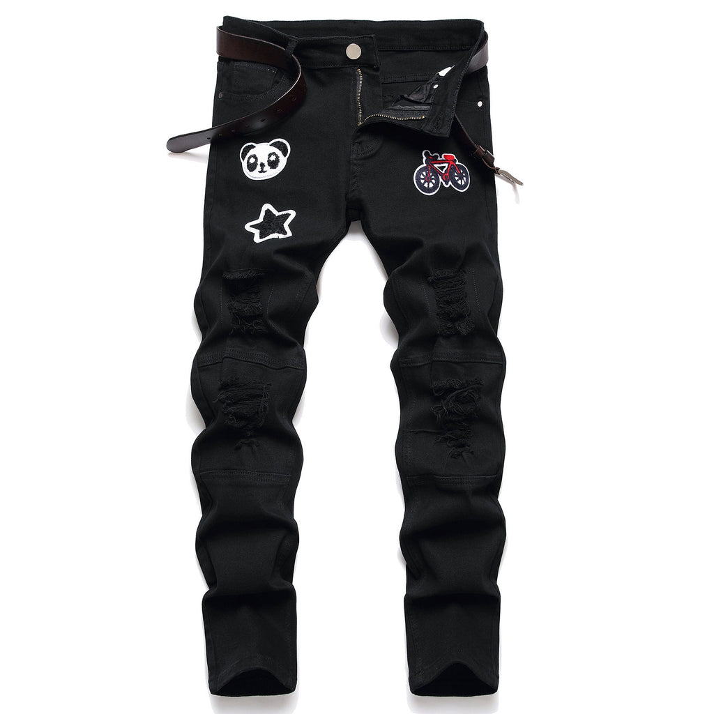 Men's Black Designer Patched Pants High Quality Fabric Slim-fitting
