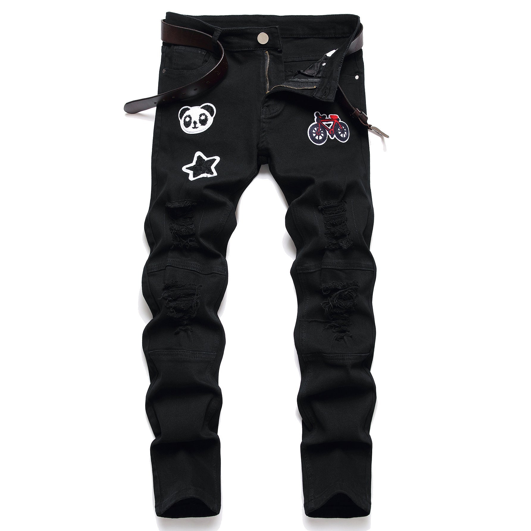 Men's Black Designer Patched Pants High Quality Fabric Slim-fitting