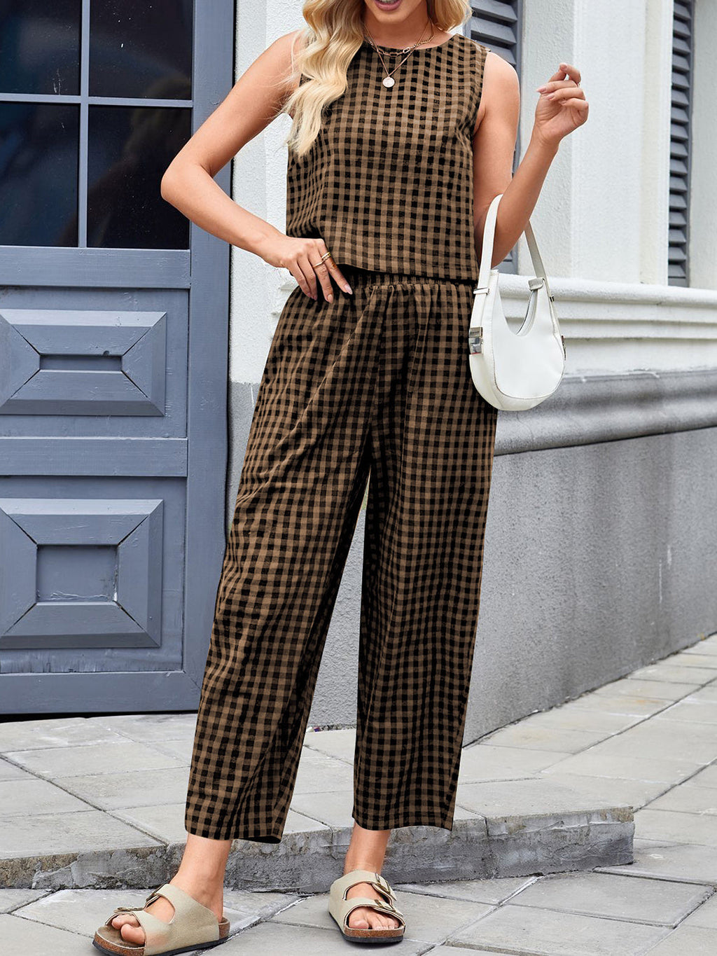 Women's 2 pc. Lovely Plaid Round Sleeveless Jumpsuit