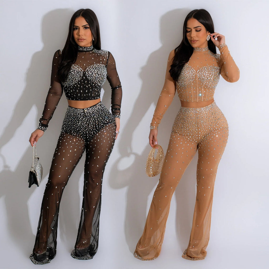 Mesh Rhinestone Jumpsuit Long-sleeved Two-piece Set