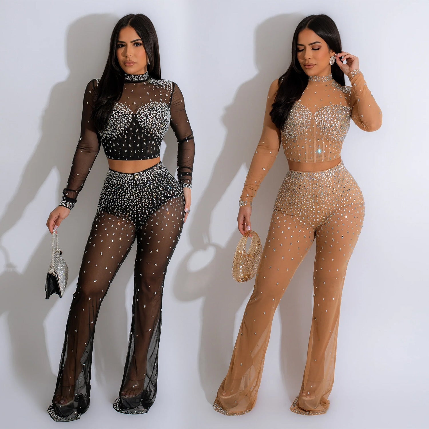 Mesh Rhinestone Jumpsuit Long-sleeved Two-piece Set