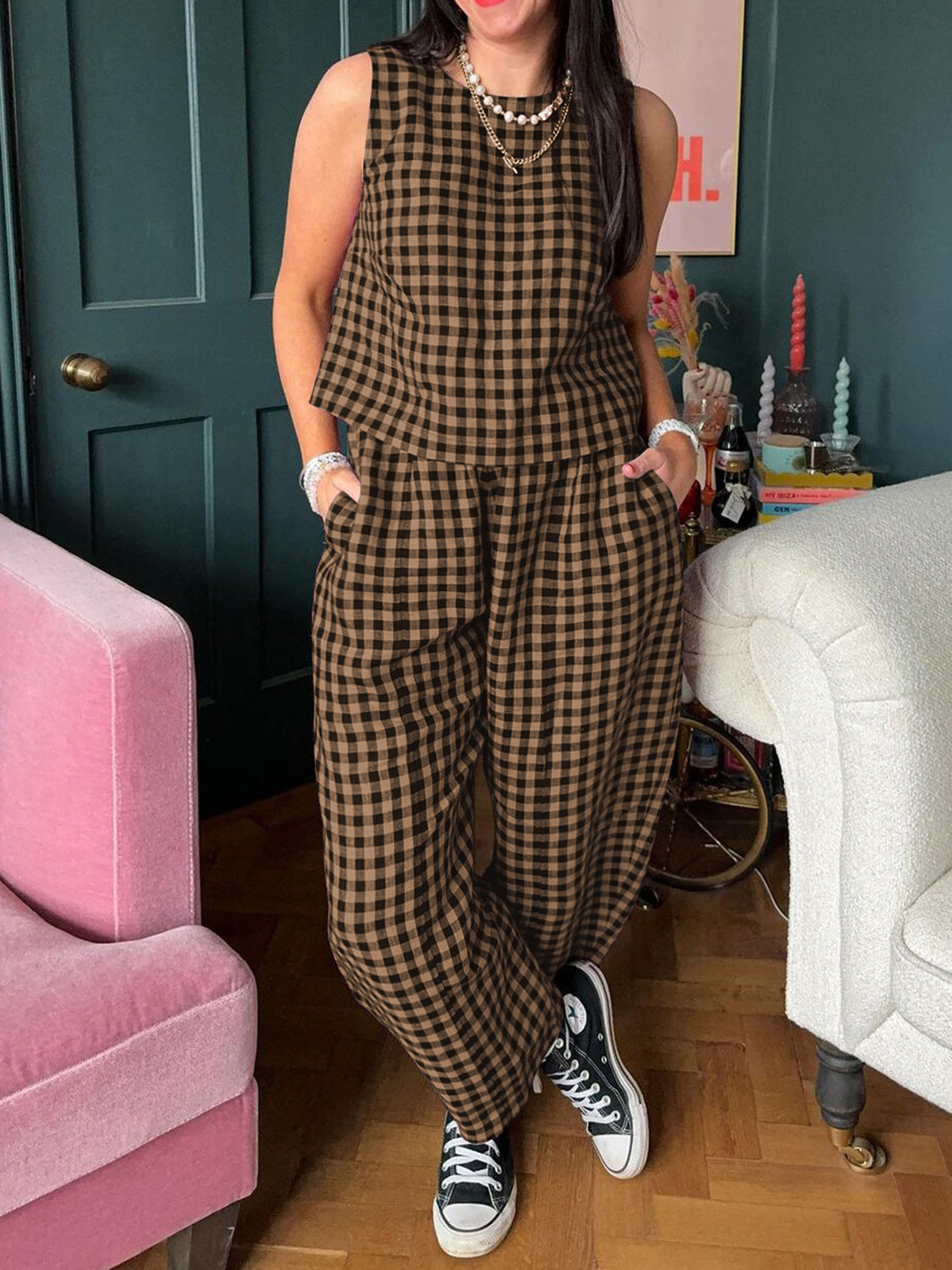 Women's 2 pc. Lovely Plaid Round Sleeveless Jumpsuit