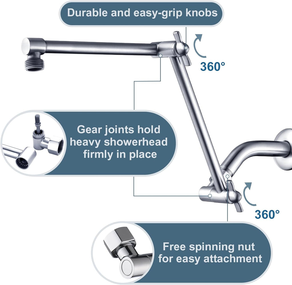 14 Inch Double Joint Shower Arm Extender for Rain and Handheld Shower Head, Height & Angle Adjustable