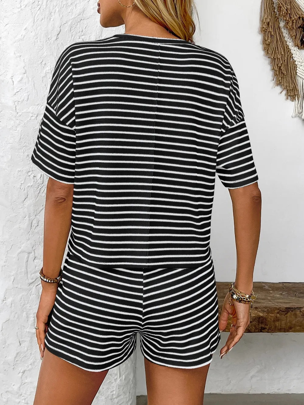 Women's Striped Round Neck Top and Bottoms Set