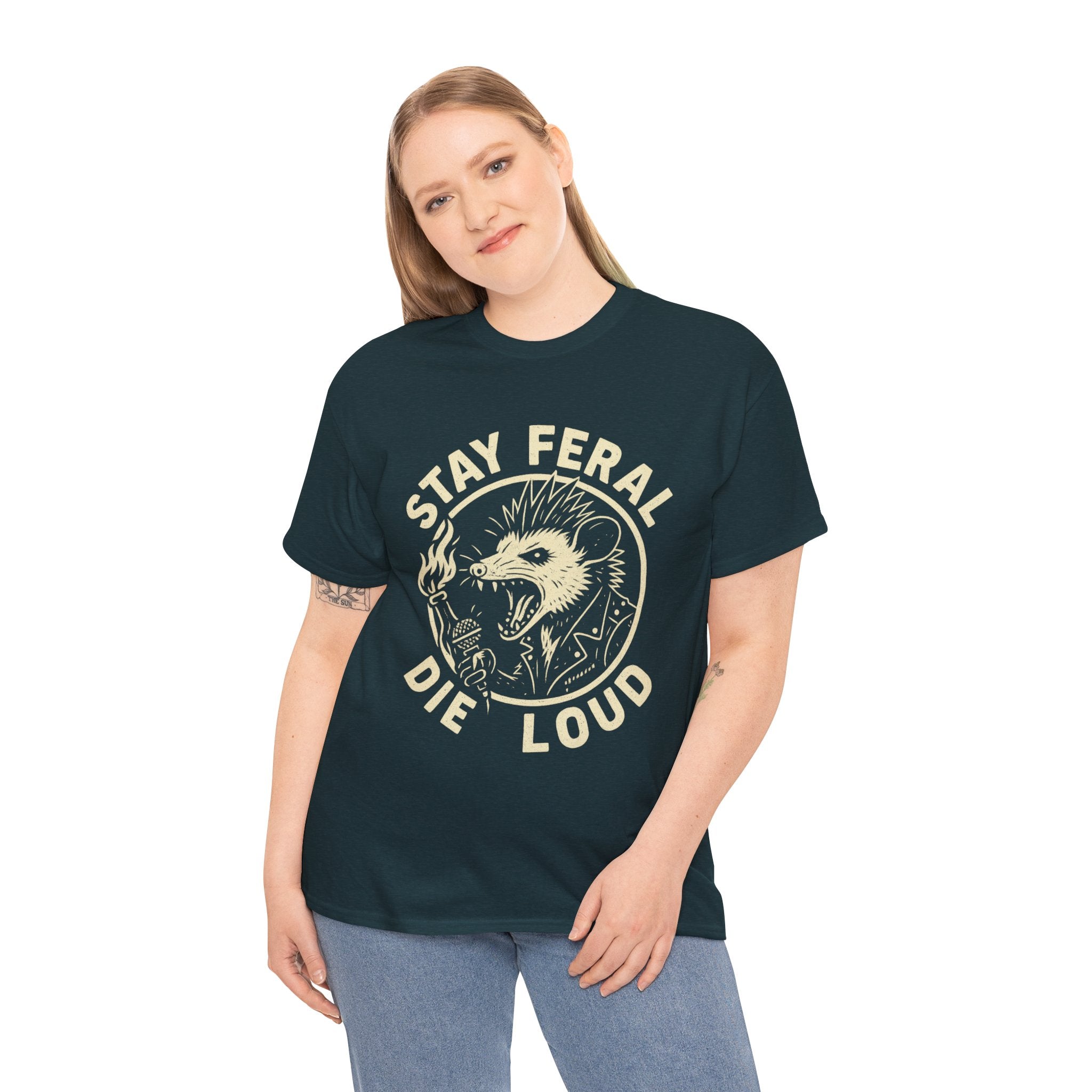 Stay Feral Die Loud Possum Punk Shirt – Trash Cult Supply Co – Gildan 5000 T-Shirt