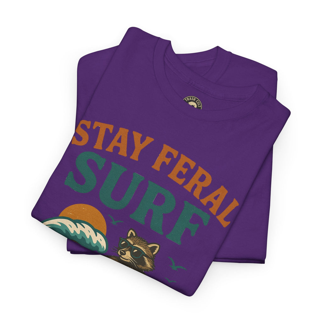 Stay Feral Surf Shirt – Retro Raccoon Beach Tee – Trash Cult Supply Co – Gildan 5000