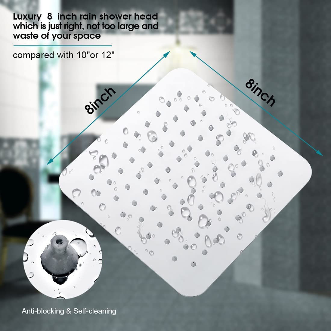 8 Inch Square Rainfall Showerhead with 10 Inch Adjustable Extension Arm