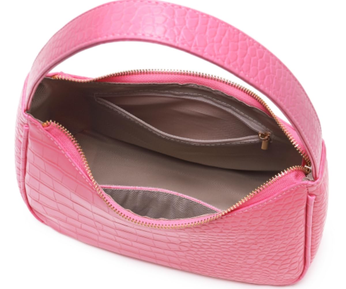 Shoulder Bags for Women, Cute Hobo Tote Handbag Mini Clutch Purse with Zipper Closure (Crocodile Pink)