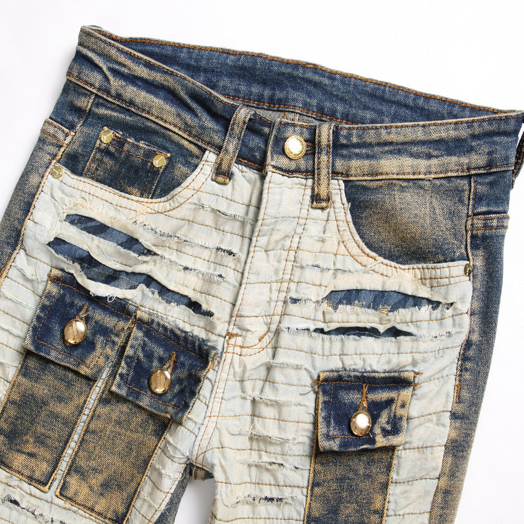 Men's Spliced Cut-off Multi-pocket Trendy Slim Fit Mid-rise Pants
