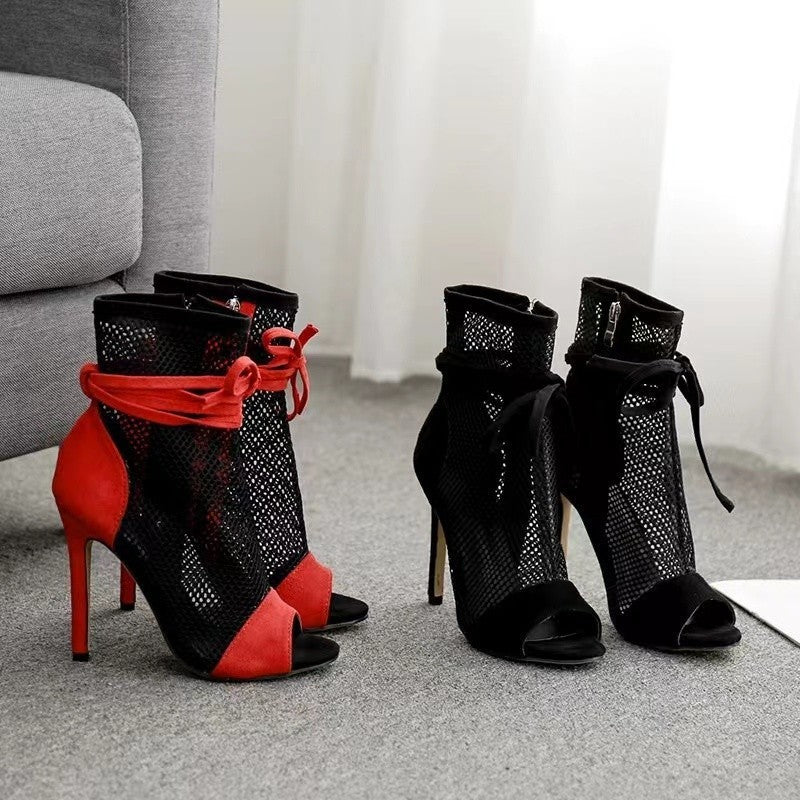 Fish Mouth Splicing Hollowed Out Simple Bow High Heels Women's Large Size Side Zipper Fashion