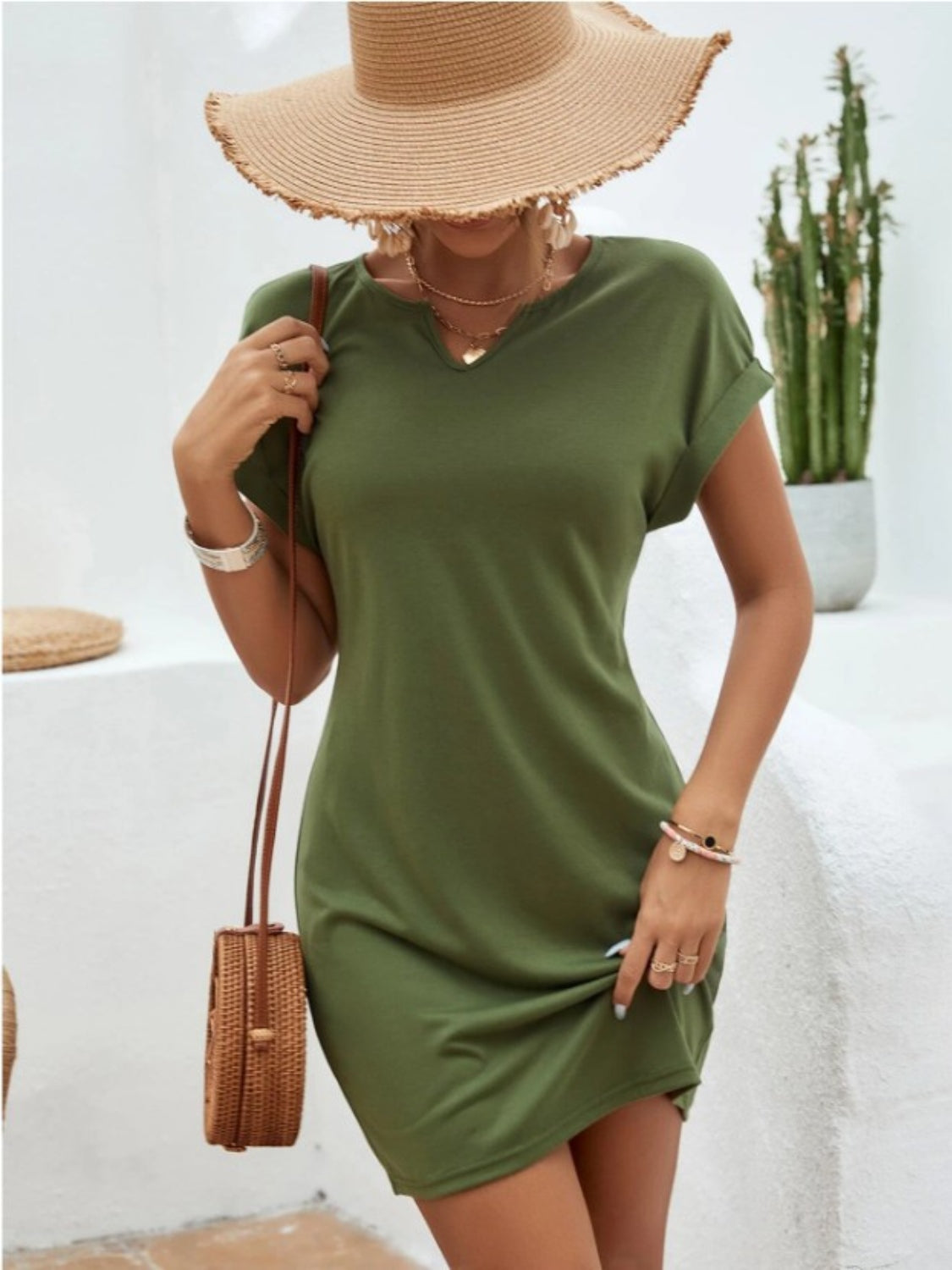 Notched Sleeve Mini Dress