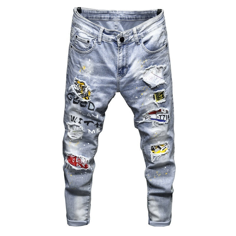 Men's Fashion Stretch Spray Paint Ripped