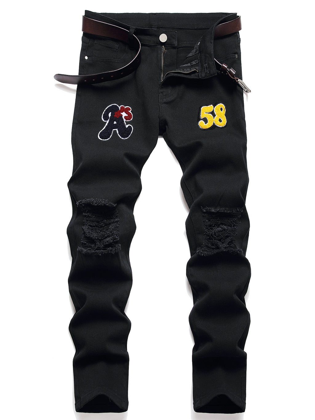 Men's Black Designer Patched Pants High Quality Fabric Slim-fitting