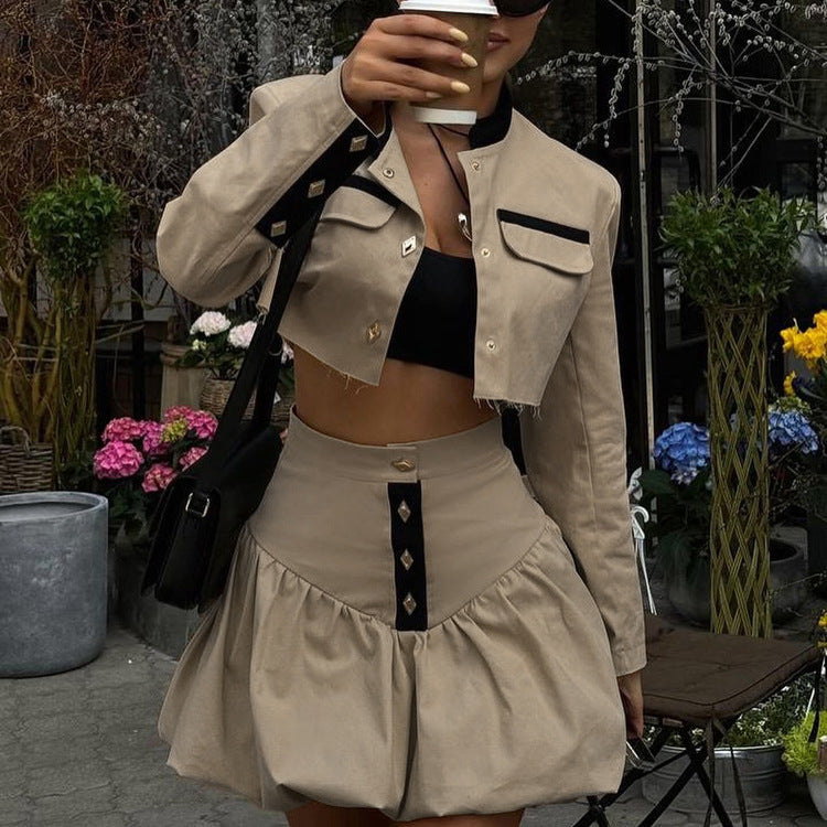 Stand-up Collar Long Sleeve Skirt Two-piece Set