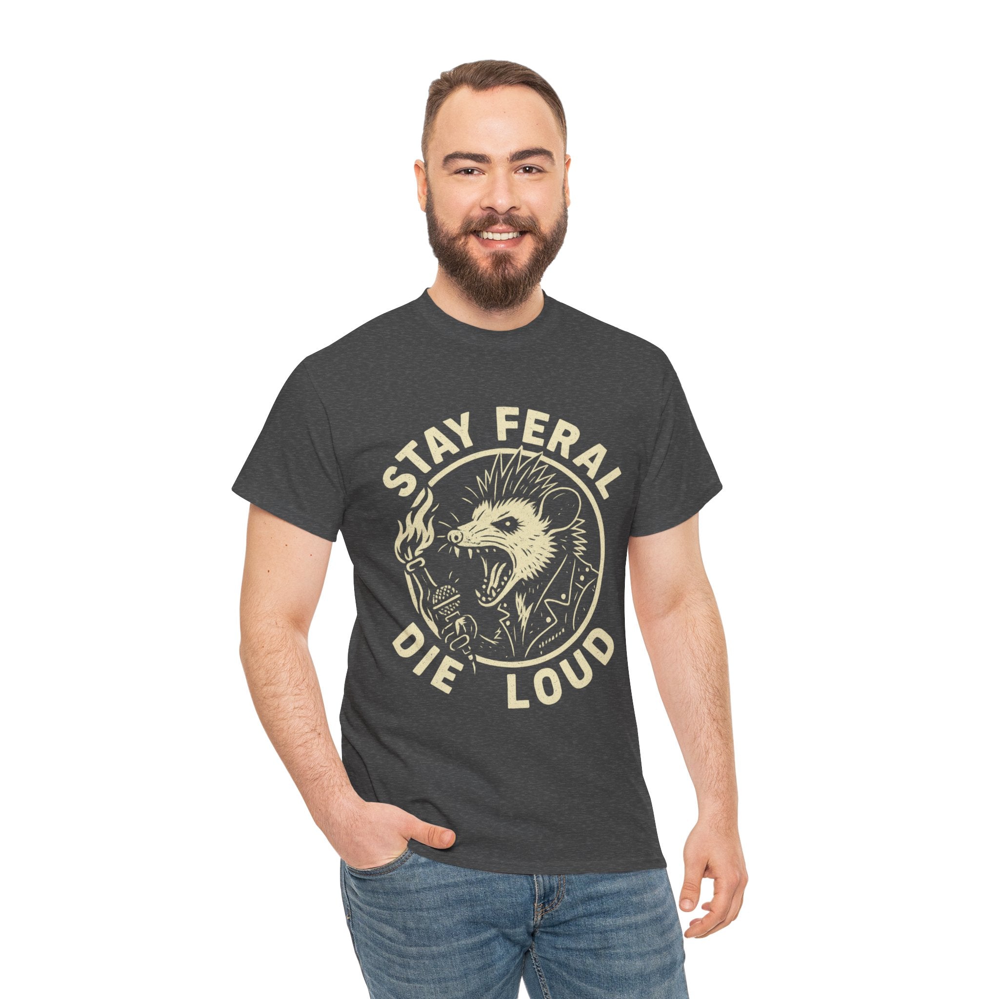 Stay Feral Die Loud Possum Punk Shirt – Trash Cult Supply Co – Gildan 5000 T-Shirt